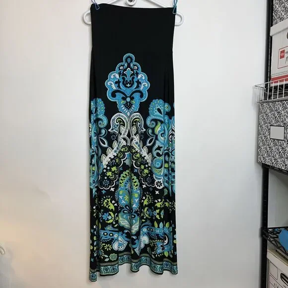 MSK Dress Womens Small Black blue green Strapless Paisley Print Floor Maxi - Picture 2 of 13